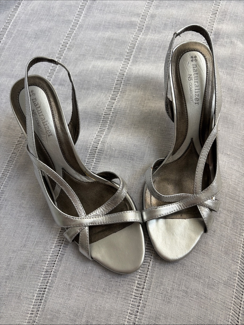Naturalizer “Prissy” Silver Metallic Crisscross Slingback Heels
